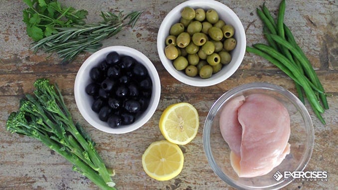 Lemon and Rosemary Chicken With Olive Tapenade and Zesty Green Vegetables 