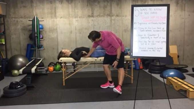 Pull on your hiplow back or space between your low back and floor- how to know if you have tight hip flexors
