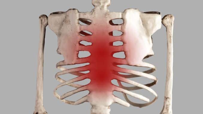 Skeleton with red point at breastbone.