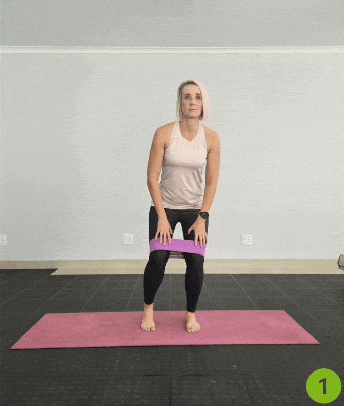 Squatted Single Leg Abduction with Resistance Band- knee buckling exercises
